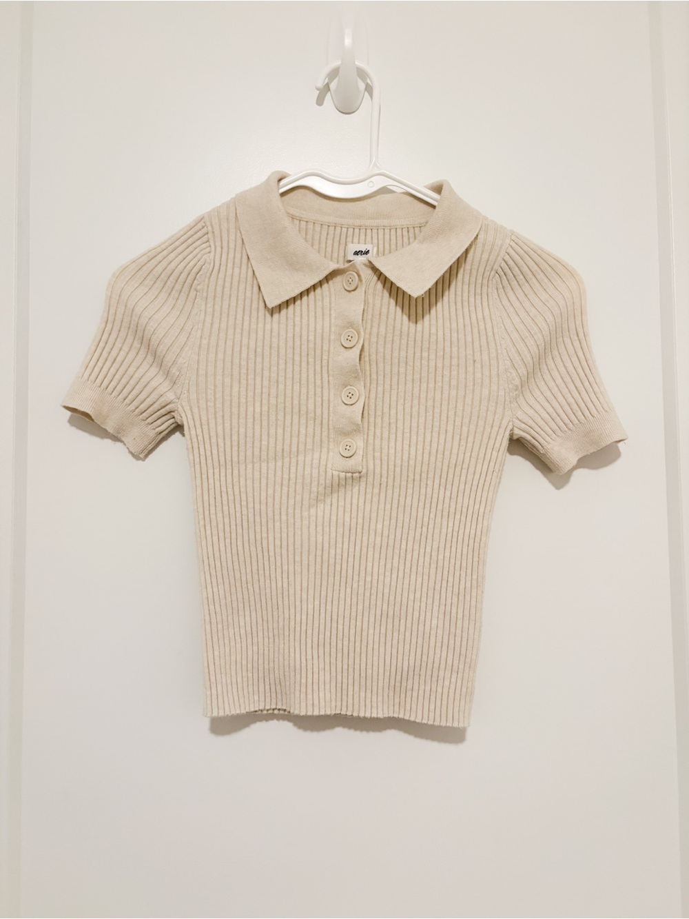 Aerie Cream Ribbed Short Sleeve Polo Top